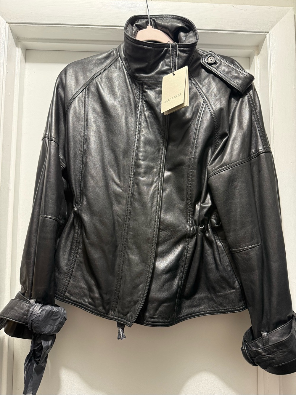 AllSaints Black Leather High-Collar Jacket - Picture 2 of 2